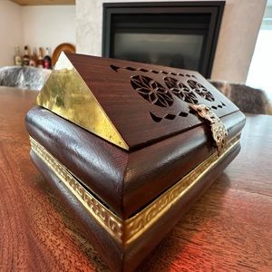 Vintage wooden and brass hand carved handmade jewelry box